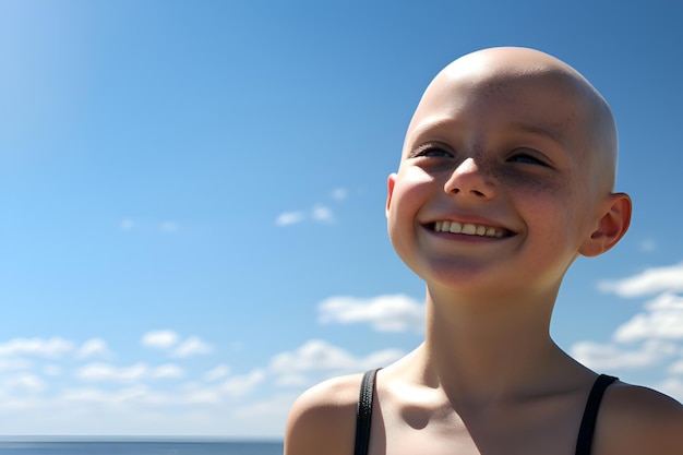 A bald girl without hair is smiling against the background of the sky