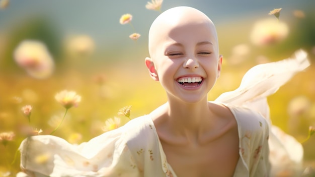 Bald happy girl with closed eyes