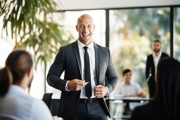 A bald man business owner in meeting at office