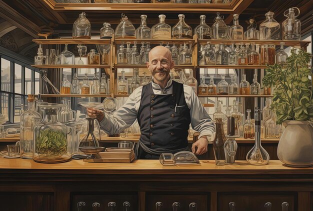 Photo bald man chef having gin at front of a restaurant in the style of thomas heatherwick