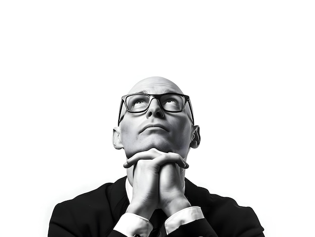 A bald man looking up isolated on a white background Businessman wearing specs Thinking person