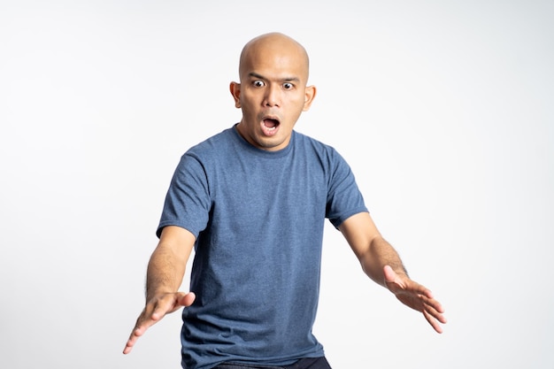 Bald man screaming with shocked hand gesture