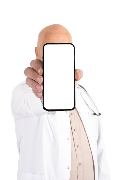 A bald man in a white coat holds up a phone with a blank screen