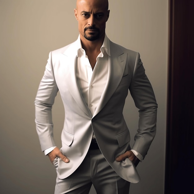 a bald man in a white suit stands in front of a wall.