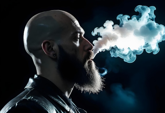 a bald man with a beard and mustache smokes a cigarette