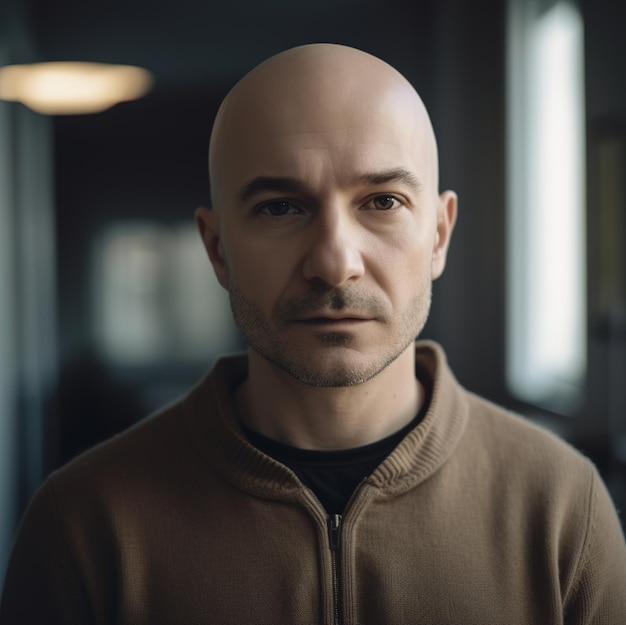 a bald man with a brown sweater and a black shirt with a hoodie on it.