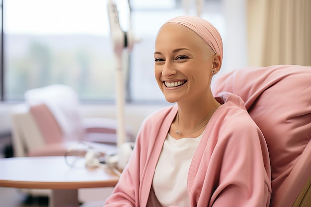 Bald mature woman smiling in cancer hospital bed