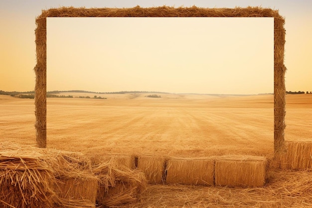 a bale of hay is in a field with a yellow sky in the background.