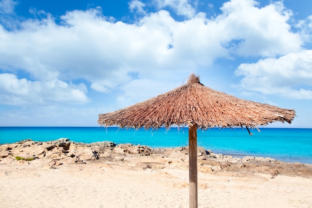 Balearic Formentera island with umbrella dried sunroof