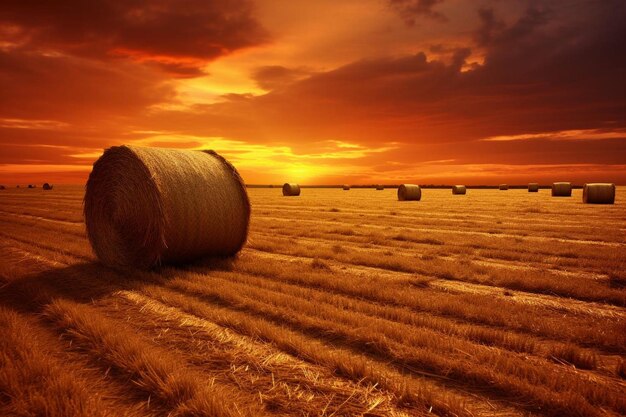 Photo bales of hay in a field with a sunset in the background