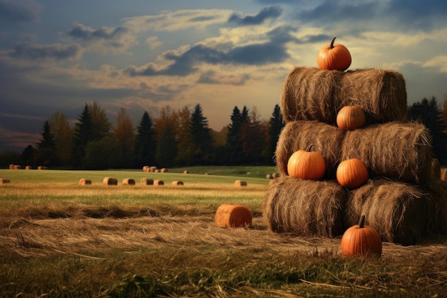 Photo bales of hay stacked in a field pumpkins nearby