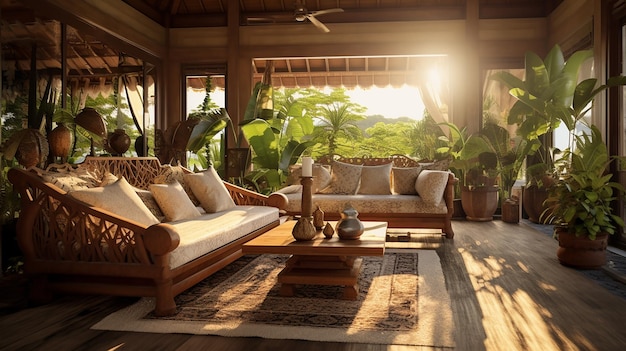 インドネシアのバリ島の高級リゾートとホテルのリビングルームの屋内空間自然に囲まれた優雅なライフスタイル休暇のためのプールヴィラのデザイン