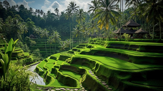 Бали, Индонезия, террасные рисовые поля, яркая культура. Создано с помощью технологии генеративного искусственного интеллекта.