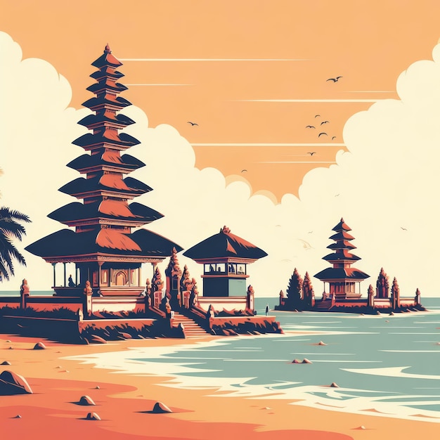 Foto tempio di bali vicino all'oceano illustrazione vintage minimalista