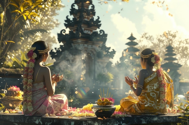 Photo balinese couples morning prayer with hindu offering
