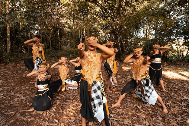 Balinese dancers with golden costumes and stripped pants dance together with the dead brown leaves in the yard