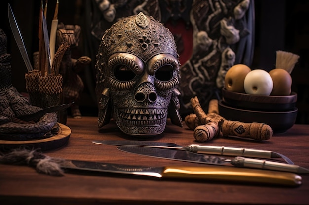 Балийская маска на столе с инструментами для резьбы, созданными с помощью генеративного искусственного интеллекта