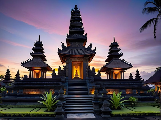 Photo balinese temple at dusk for nyepi day celebration