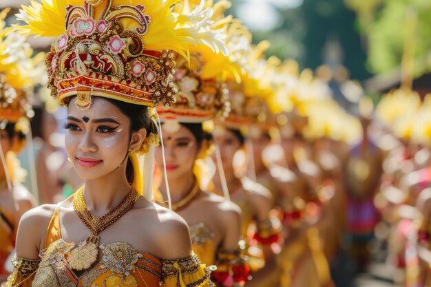 Photo balinese women in traditional costumes carry religious offering