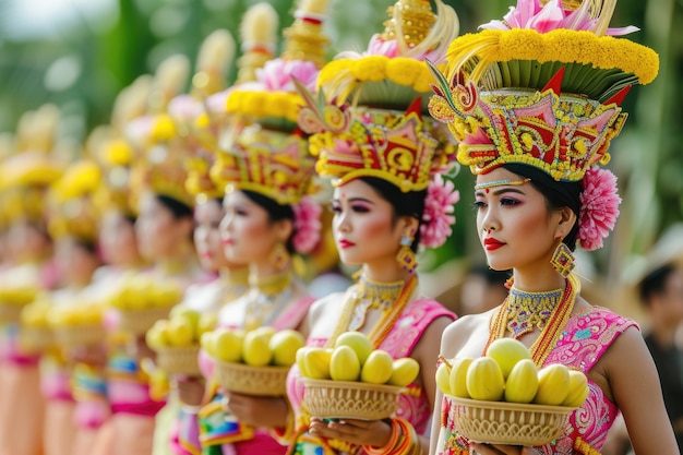Photo balinese women in traditional costumes carry religious offering