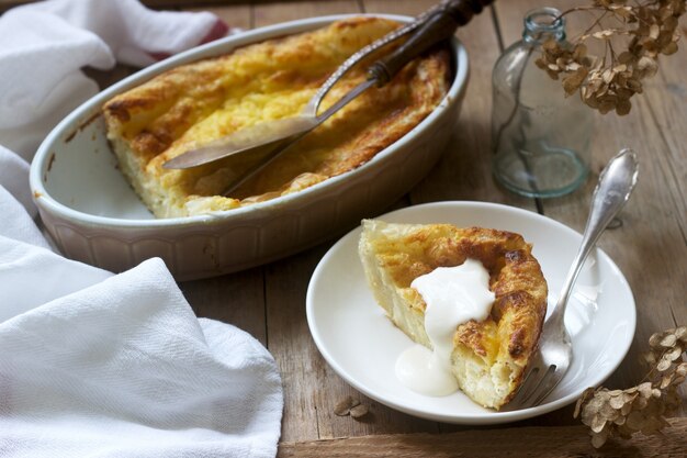 Balkan filo pastry pie stuffed with feta cheese, sour milk and eggs. Rustic style.