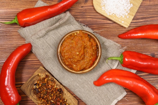 Balkan snack of bell pepper Ajvar and eggplant Vegan food Healthy eating Flat lay