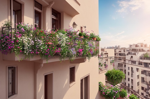 Balkon met bloemstukken op de achtergrond van grootstedelijke Loggia versierd met bloemen Generatieve AI