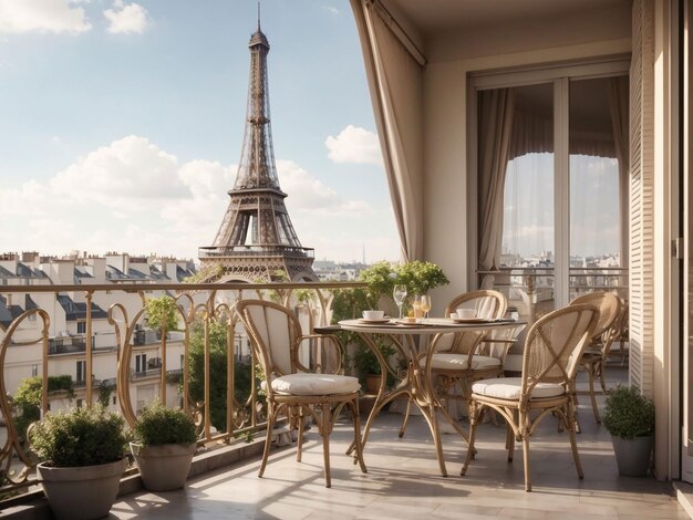 Balkon met een tafel en stoelen met uitzicht op de Eiffeltoren