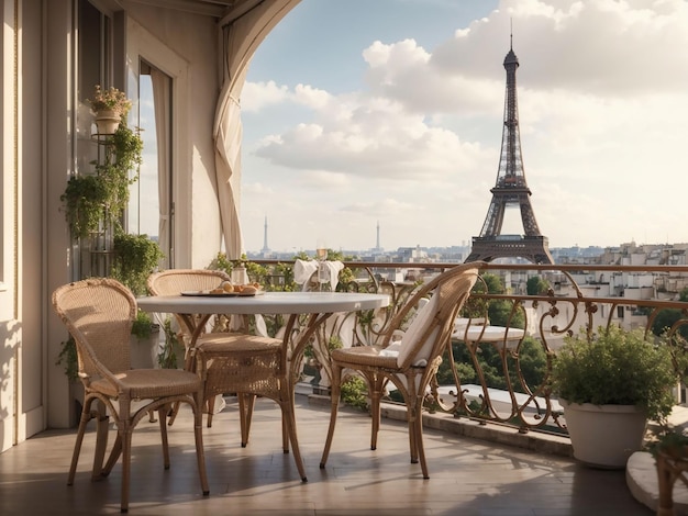 Balkon met een tafel en stoelen met uitzicht op de Eiffeltoren