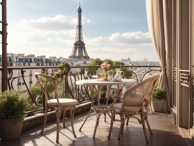 Balkon met een tafel en stoelen met uitzicht op de Eiffeltoren