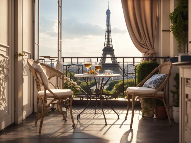 Balkon met een tafel en stoelen met uitzicht op de Eiffeltoren