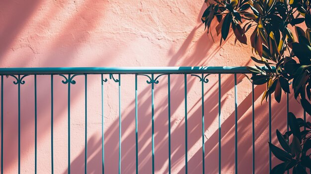 Balkon met roze muur en schaduw van planten