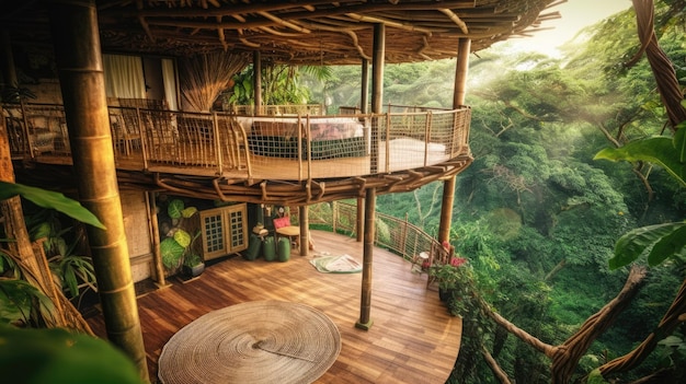 Balkon van tropische boomhut in jungle Generatieve AI afbeelding AIG30