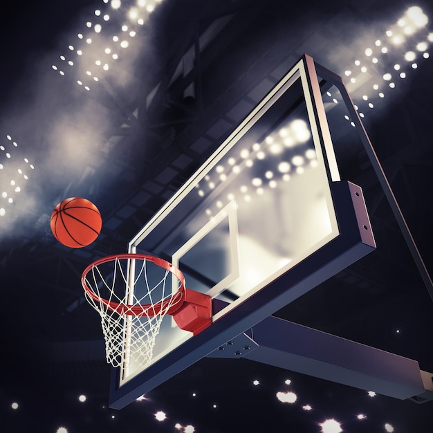 Ball above the basket during basketball game