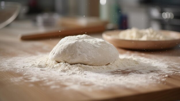 A ball of dough on a floured table surface