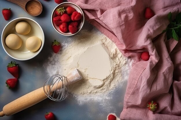 Foto palla di pasta e ingredienti farina acqua burro zucchero rabarbaro per cuocere su sfondo isolato