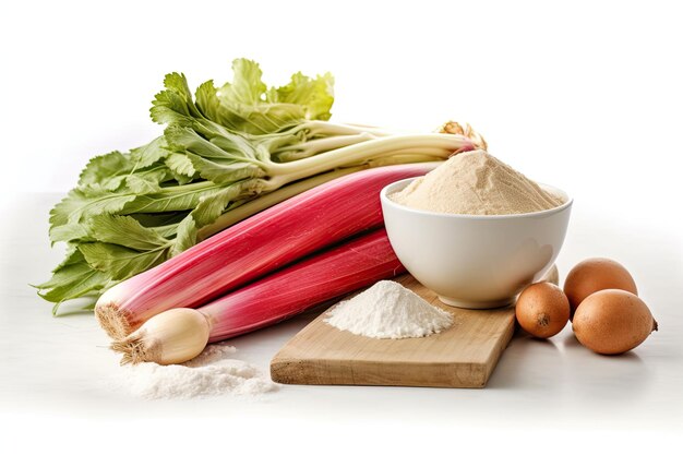 Ball of dough and ingredients flour water butter sugar rhubarb for baking on isolated background
