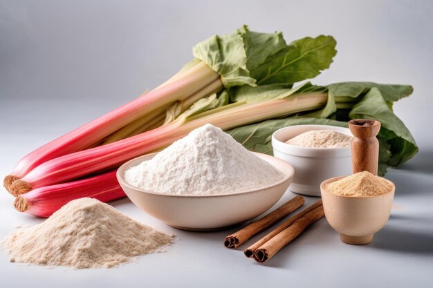 Ball of dough and ingredients flour water butter sugar rhubarb for baking on isolated background