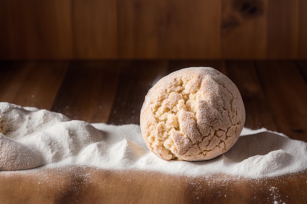 A ball of dough sits on a wooden surface with flour on it.