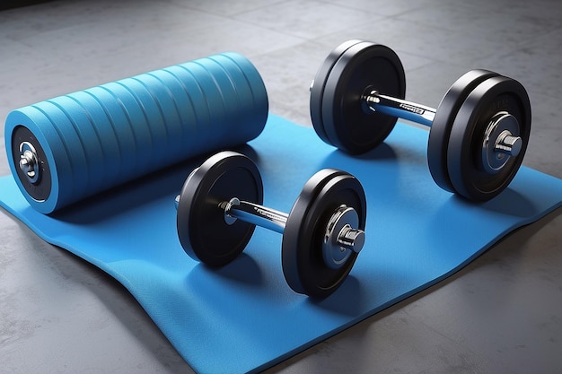 Ball dumbbell en mat voor fitness gezonde levensstijl thema fitness inventaris 3d rendering