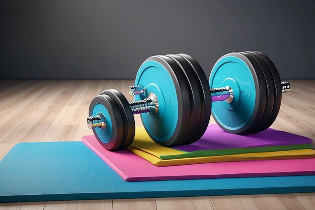 Ball dumbbell and mat for fitness healthy lifestyle theme fitness inventory 3d rendering