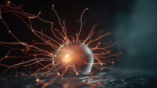 A ball of electric sparks is in front of a glass sphere.