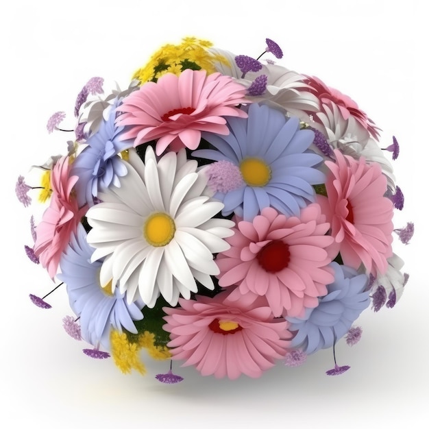 A ball of flowers is surrounded by colorful flowers.