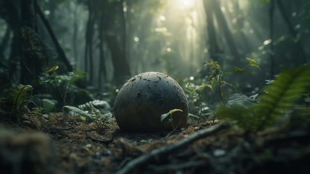 A ball in the forest with the sun shining on it.