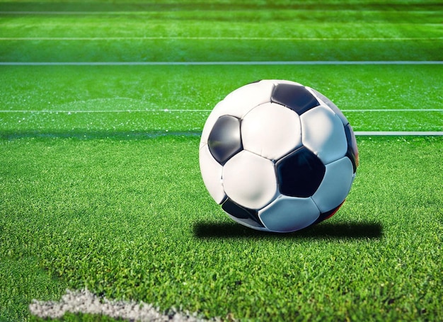 Ball on the green field at soccer stadium ready for game