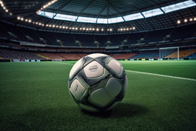 Ball on the green field with soccer stadium