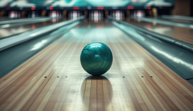 Photo the ball is rolling down the alley of a bowling green