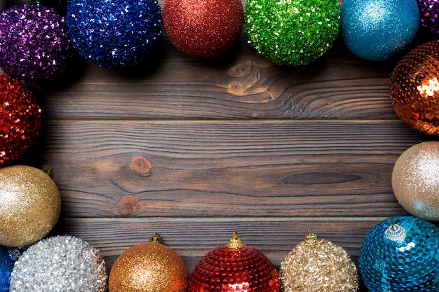 Ball ornaments on wooden table