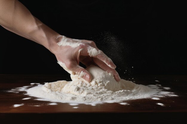 Ball of pizza dough on a table with the chefs hands kneading the dough in the background