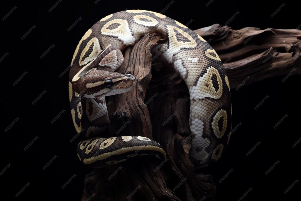 Premium Photo | A ball python coiled around a tree stump